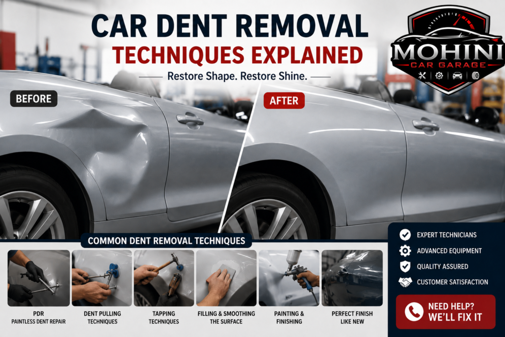 Car dent repair in Indore showing PDR, dent pulling, tapping, filling, smoothing, and painting techniques
