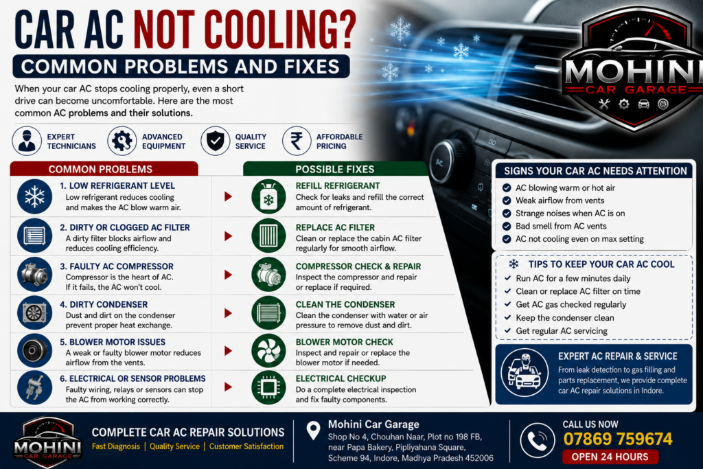Car AC repair in Indore for common cooling problems including low refrigerant, clogged filters, compressor and condenser issues