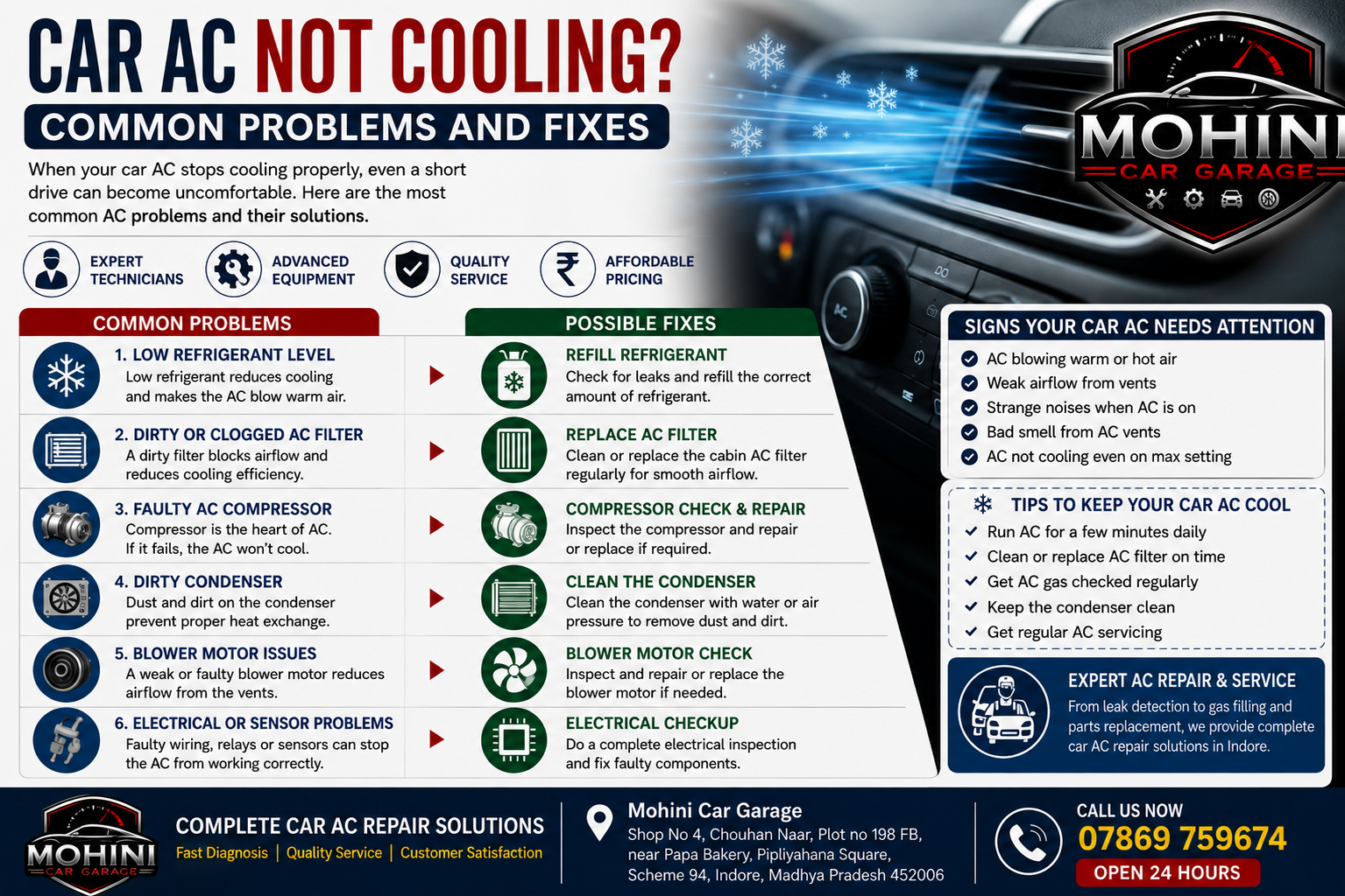 Car AC repair in Indore for common cooling problems including low refrigerant, clogged filters, compressor and condenser issues