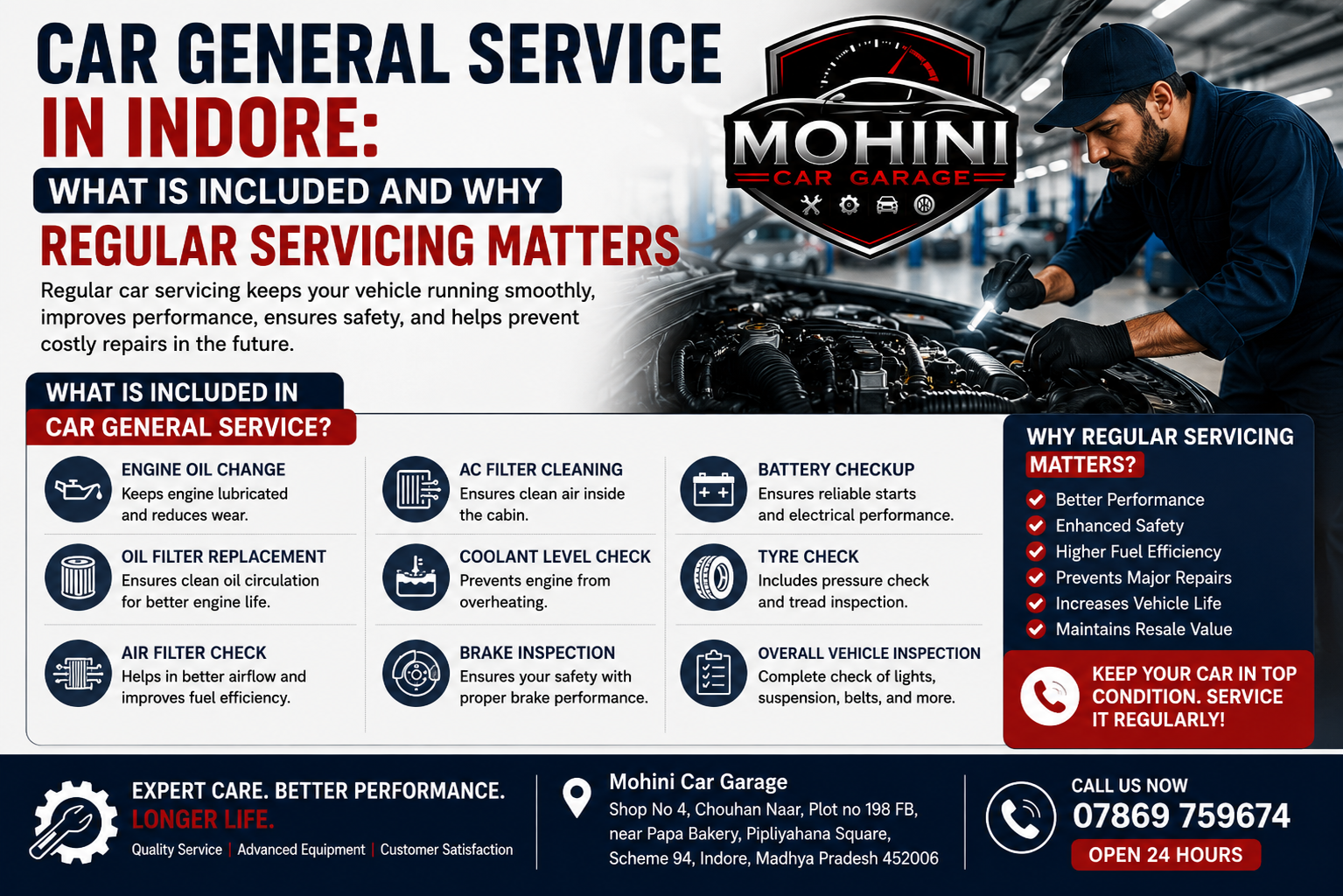 Car general service in Indore including engine oil, filters, brakes, battery, tyres, AC, and vehicle inspection